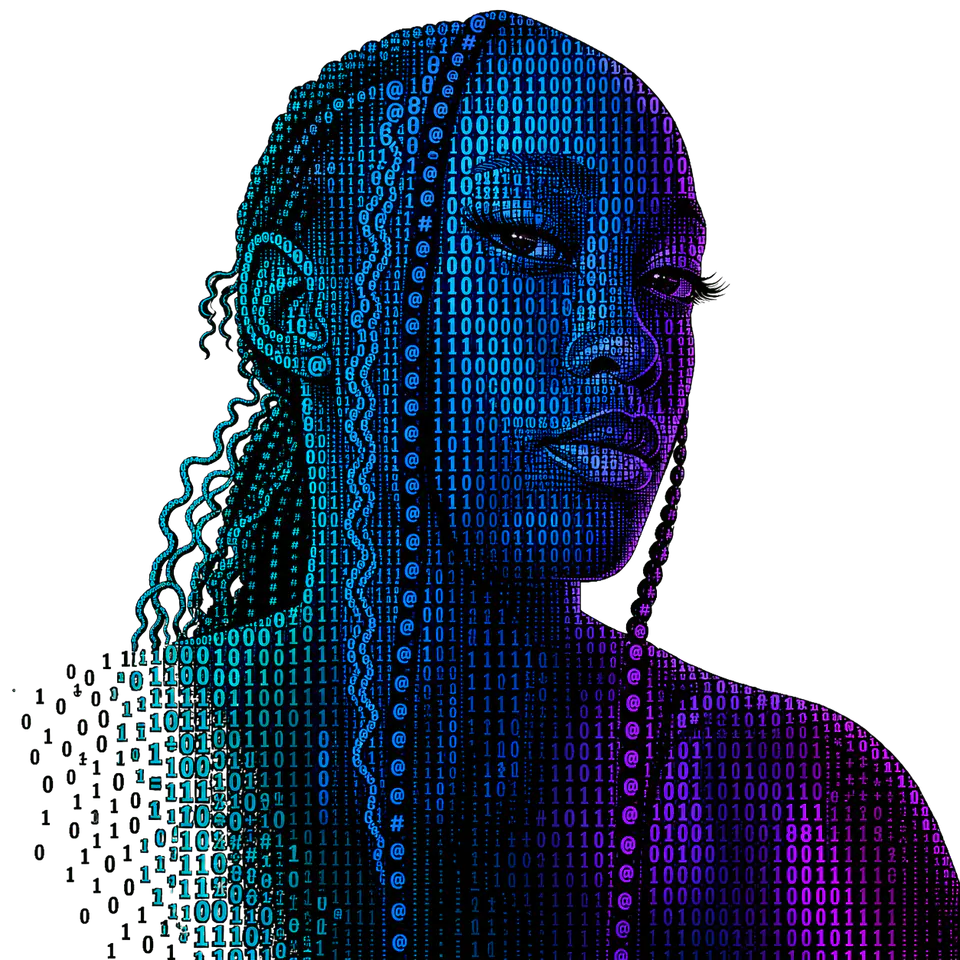 Subtle binary and UTF-8 terminal portrait of Maelys in cyan, blue, violet, and magenta.